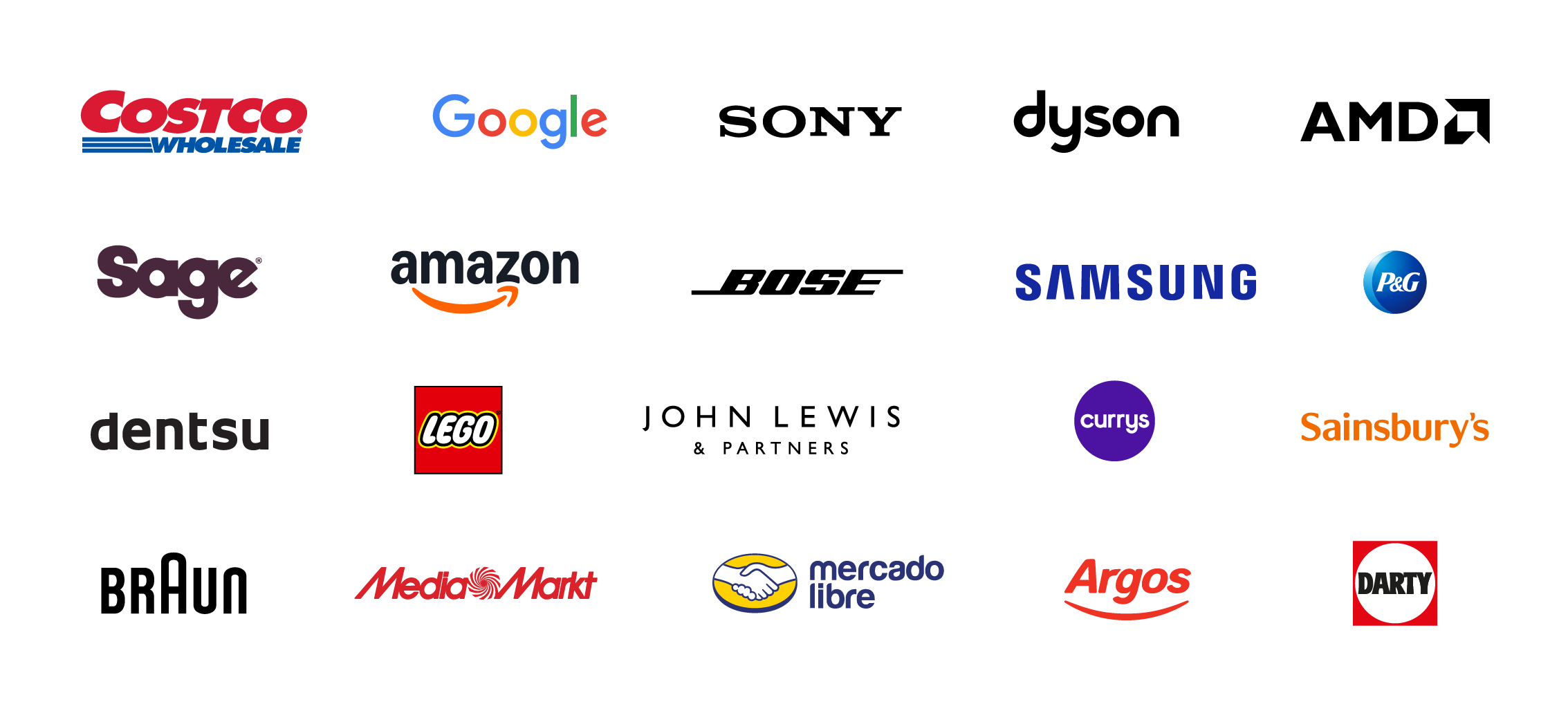 Companies I've built for including Costco, Google, Samsung, P&G, Sage, Amazon, Currys, Sainsbury's, Dentsu, Lego, Mercado Libre, Argos, Media Markt, and Darty