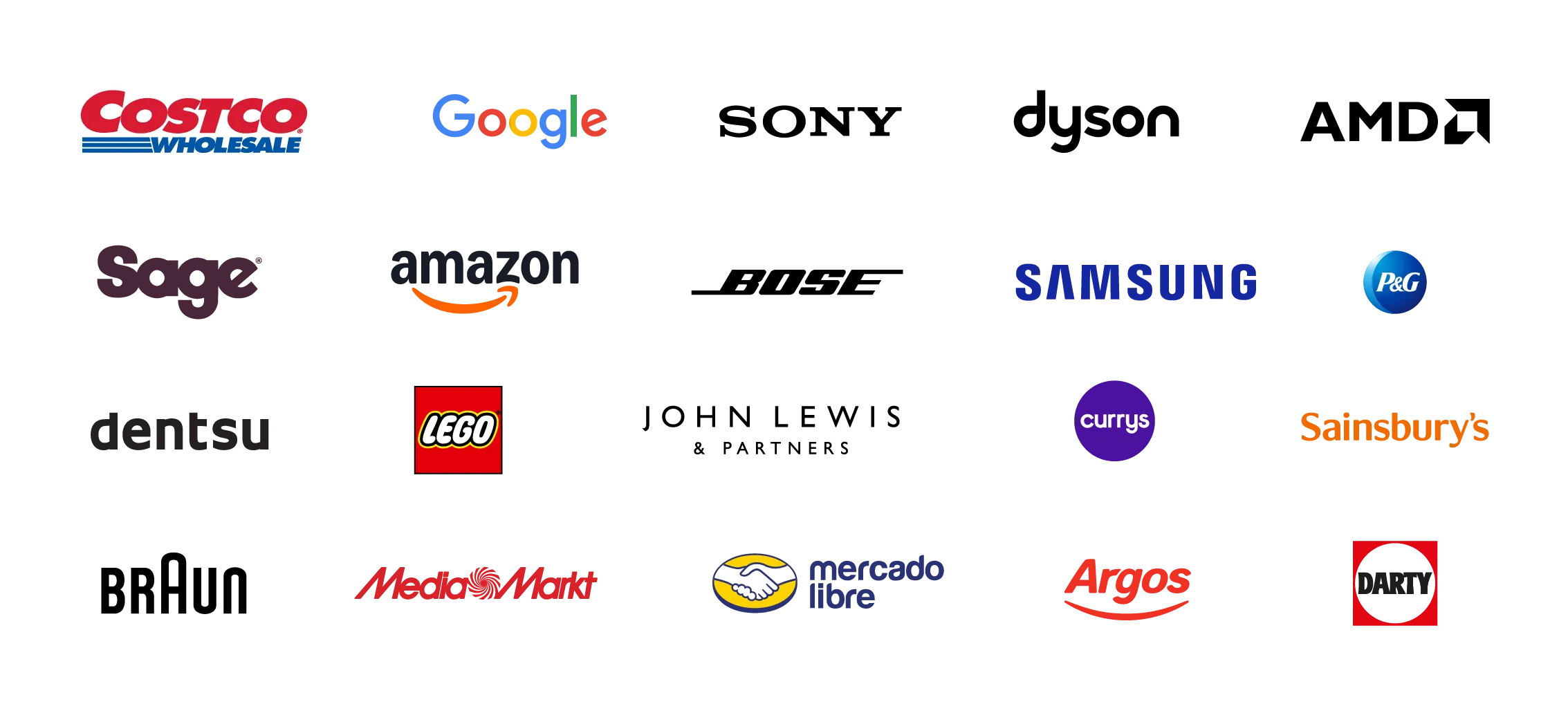 Logos: Costco, Google, Sony, Dyson, AMD, Sage, Amazon, Bose, Samsung, P&G, dentsu, LEGO, John Lewis, Currys, Sainsbury’s, Braun, MediaMarkt, Mercado Libre, Argos and Darty.