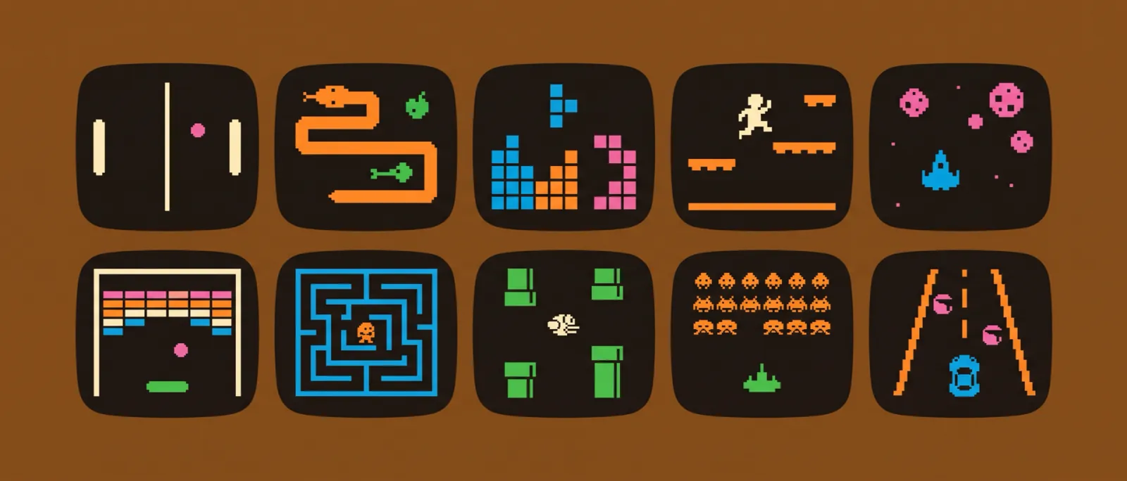 Illustration: ten small retro game screens, such as a paddle game, a snake, falling blocks and a maze.