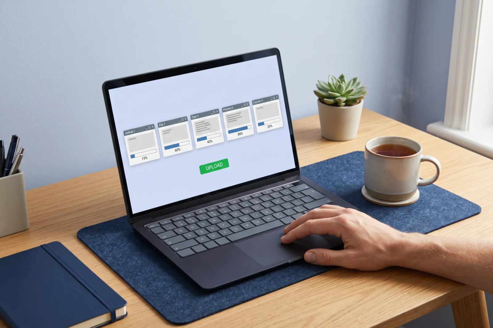 Illustration: a laptop showing five small windows, and a hand about to click one green button.