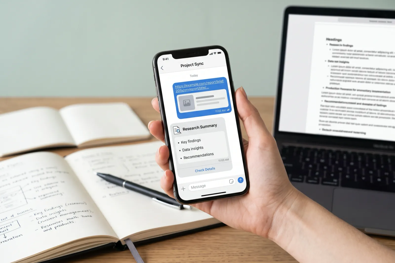 Illustration: a hand holds a phone with a chat, a link going out and a short summary coming back.