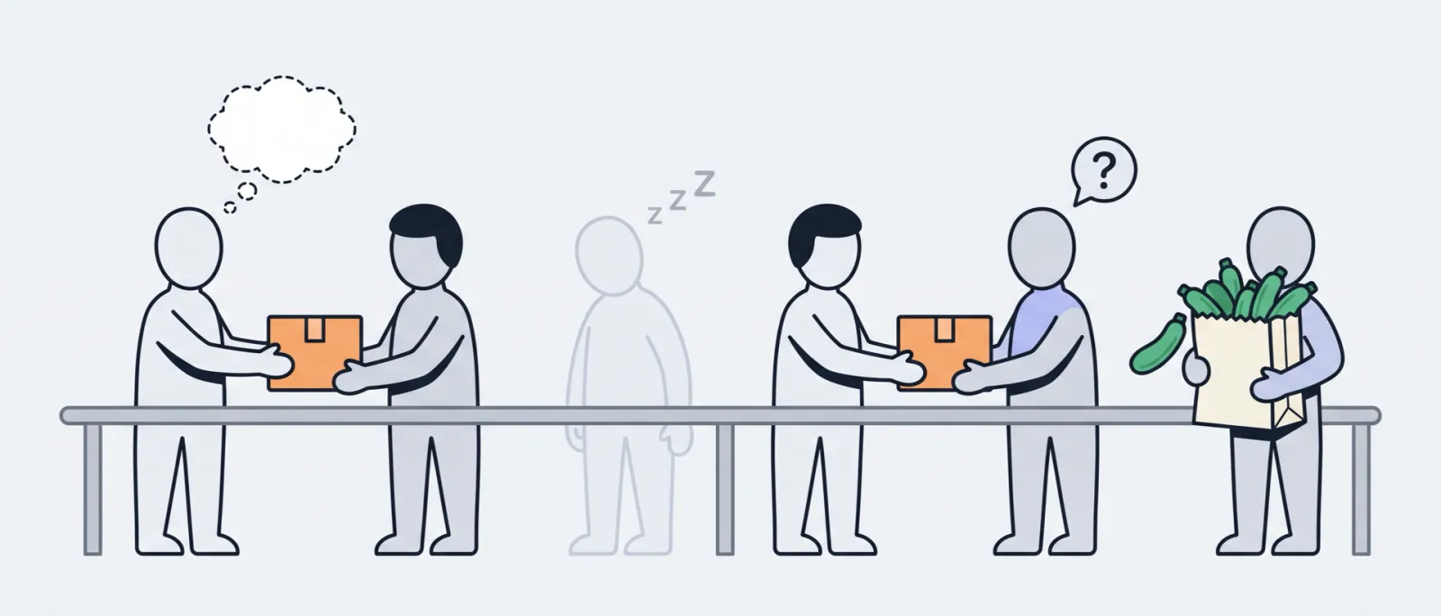 Illustration: six figures pass a parcel along a rail, like a relay. One has an empty thought bubble. One is asleep and one is confused. The last carries a bag of courgettes.