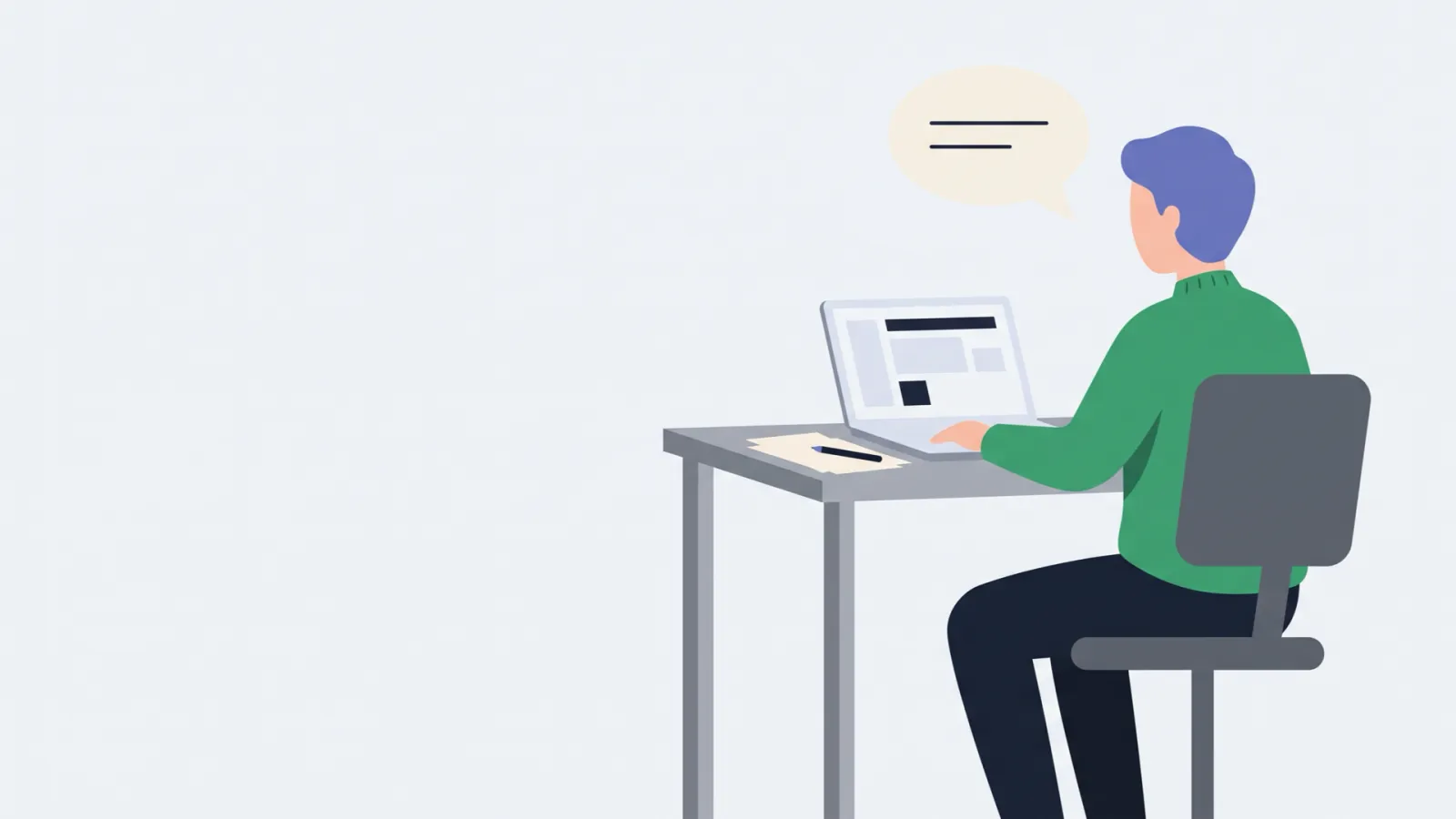 Frame 1: a person at a laptop, with a speech bubble above them.