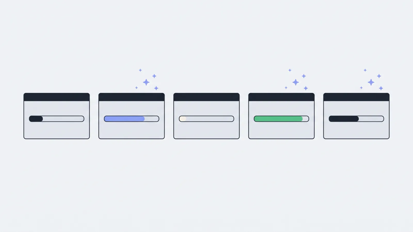 Frame 3: five small windows side by side, each with a progress bar.