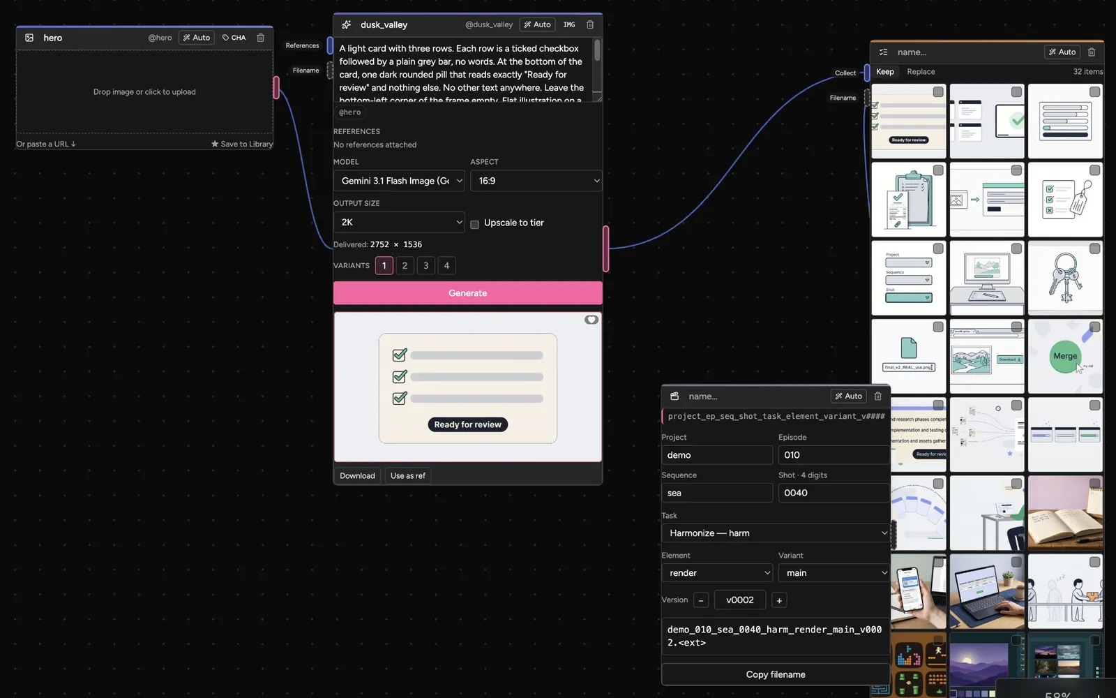 The Lupin canvas: an image generator with its result, a list of 32 outputs and a naming node.