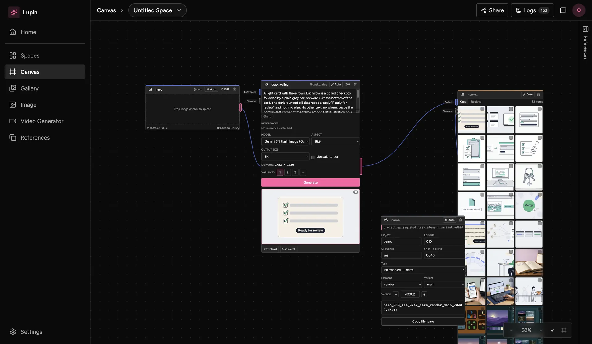 The Lupin canvas: a reference node wired to an image generator showing its result, a List holding 32 outputs, and a Filename Slate that builds a file name.