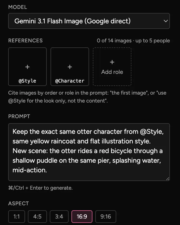 The Image form: a model menu set to Gemini 3.1 Flash Image, slots for style and character references, a prompt, and aspect buttons with 16:9 picked.