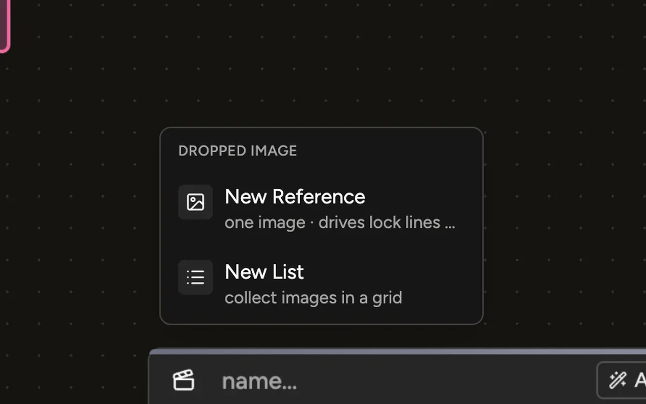 An image dropped on an empty part of the canvas opens a menu with two choices: New Reference, for one image, and New List, to collect images in a grid.