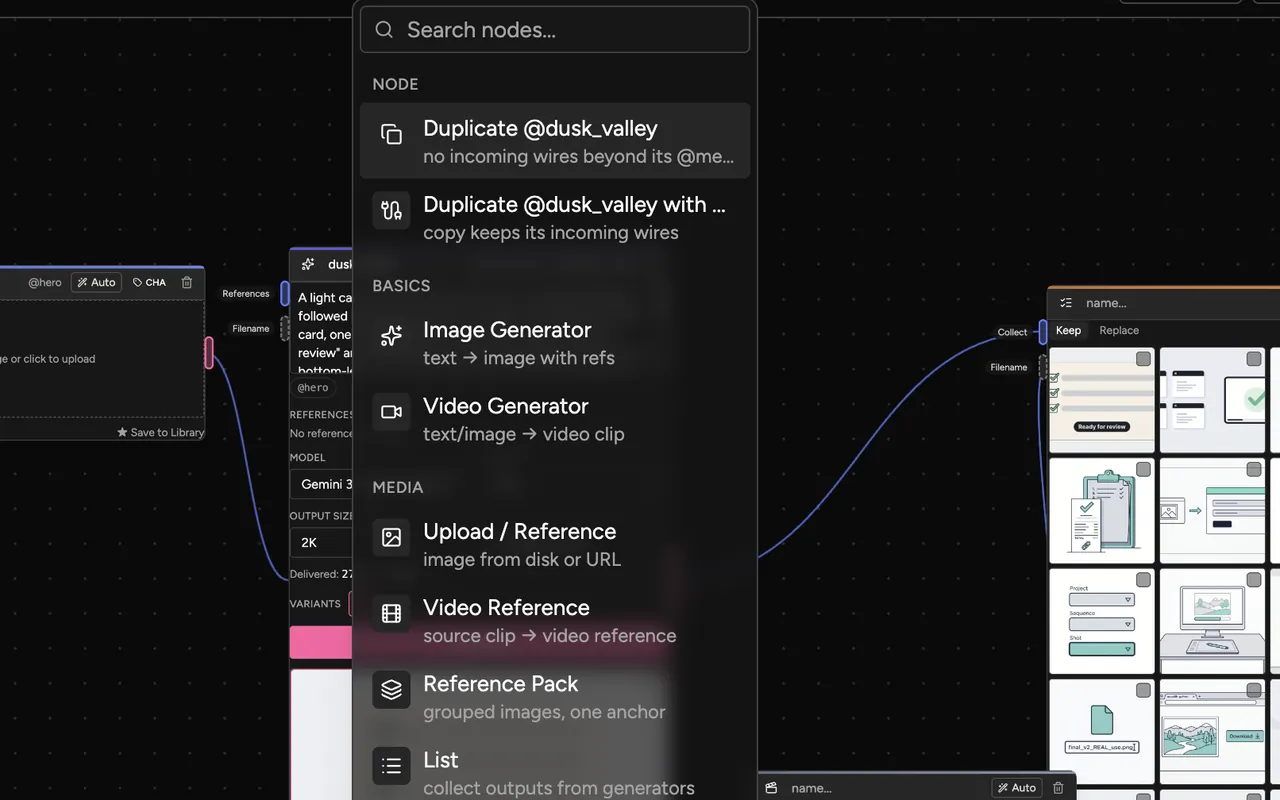 The canvas right-click menu: a search box, then Duplicate @dusk_valley and Duplicate @dusk_valley with wires, then new nodes: Image Generator, Video Generator, Upload / Reference, Video Reference, Reference Pack and List.