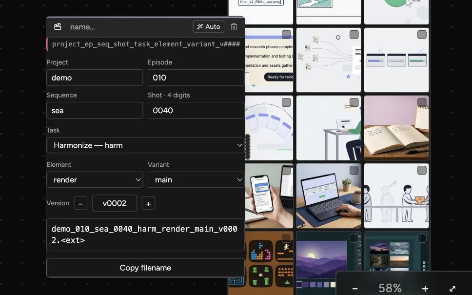 The Filename Slate turns made-up shot codes into a studio file name.