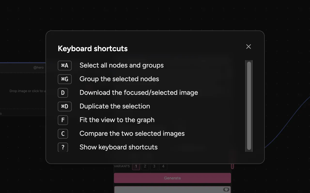 The Keyboard shortcuts panel: ⌘A selects all nodes and groups, ⌘G groups the selected nodes, D downloads the selected image, ⌘D duplicates the selection, F fits the view to the graph, C compares the two selected images, and ? shows this list.