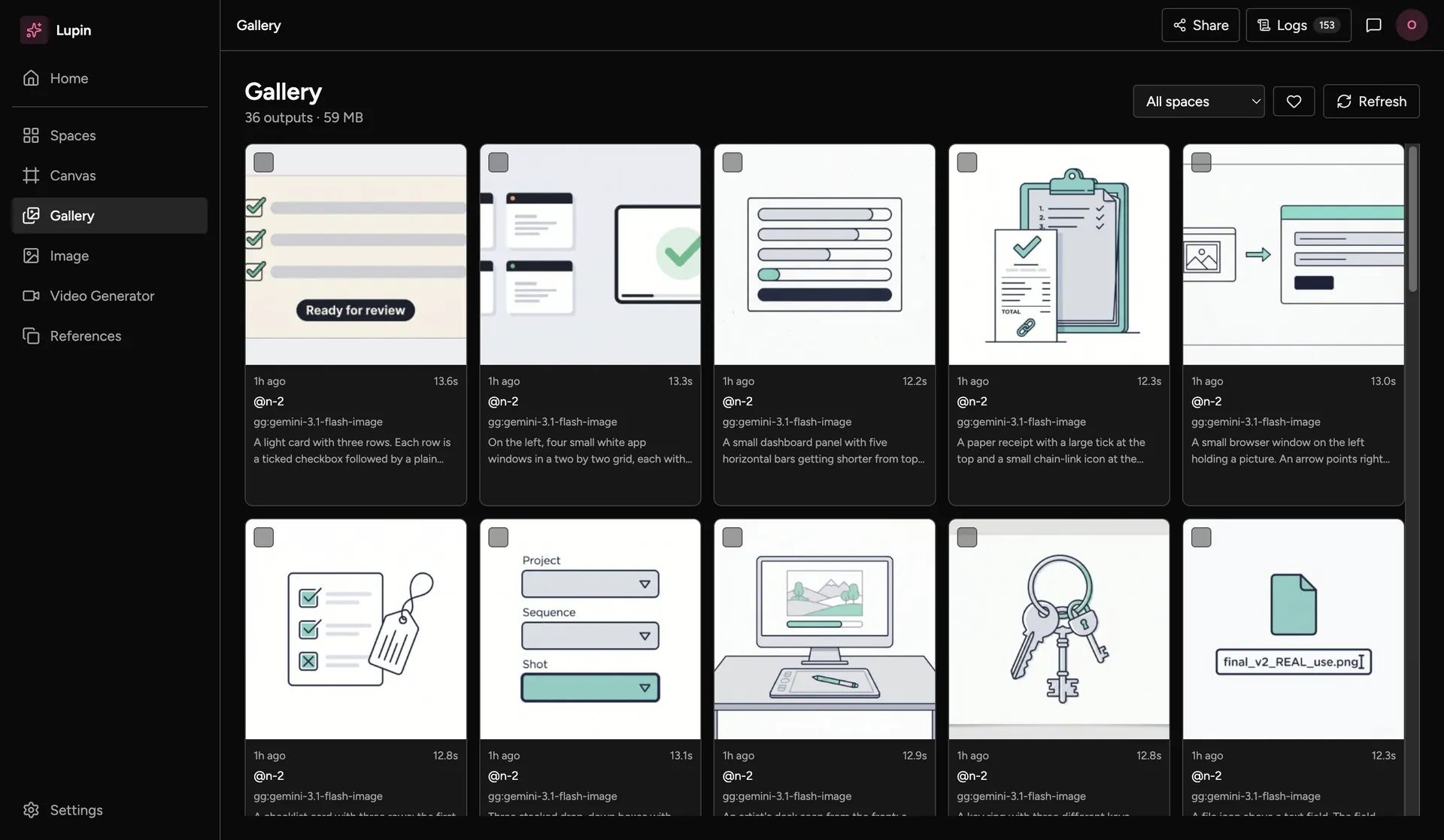 The Gallery: 36 outputs in a grid, each with its age, model, generation time and prompt.