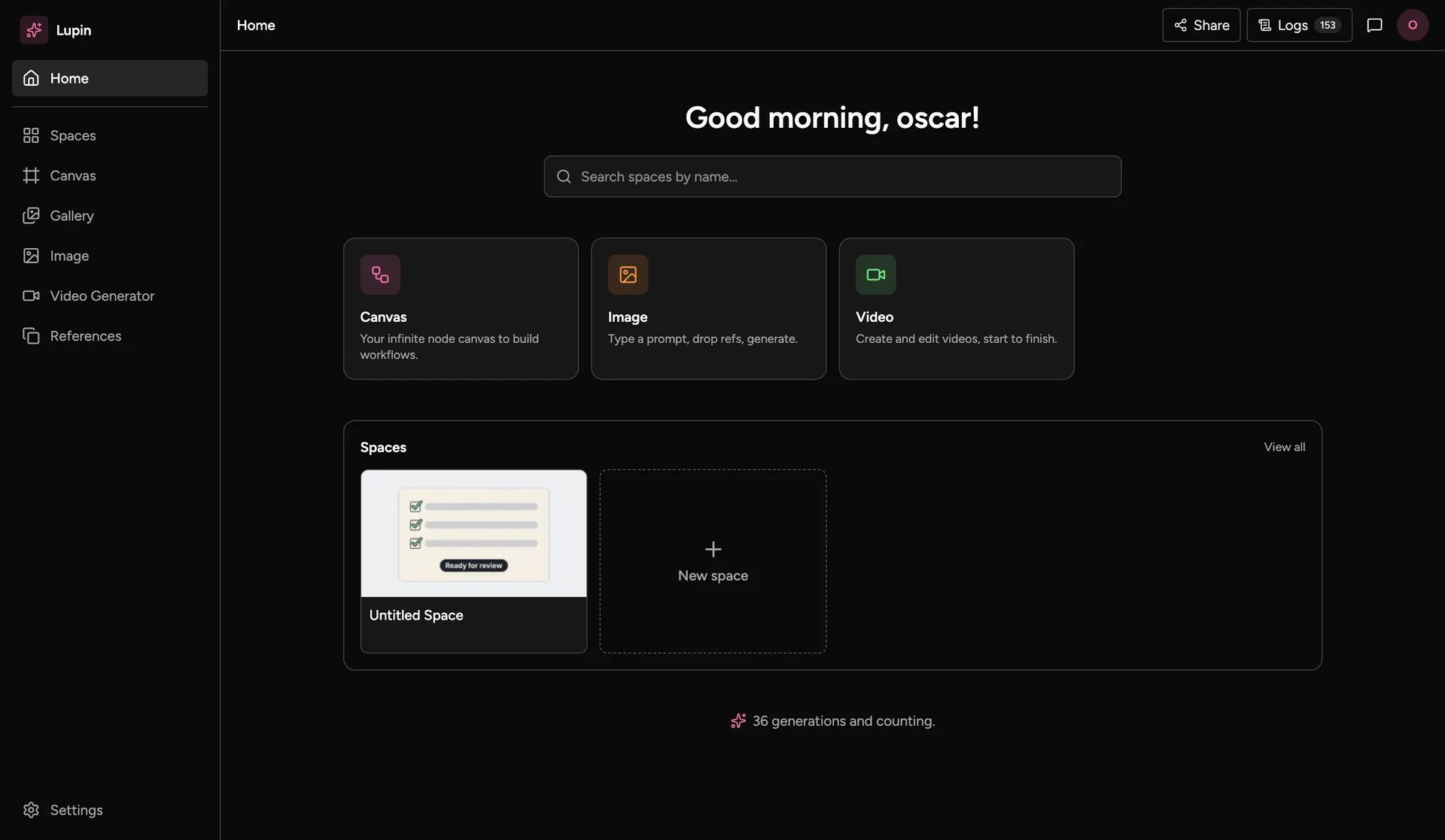 Lupin desktop’s home screen: shortcuts to Canvas, Image and Video, and a list of spaces.