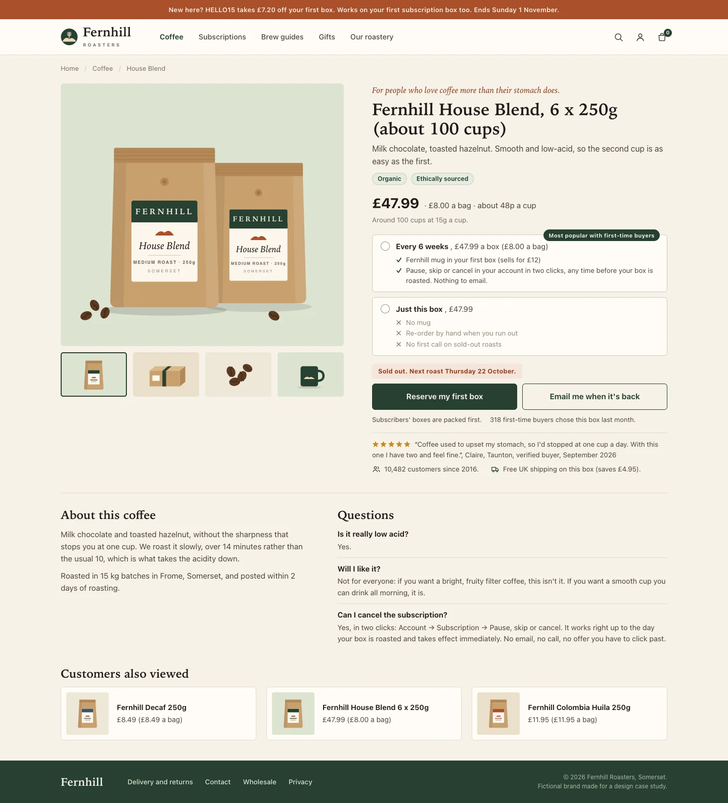 Fernhill Roasters’ mock product page, after the rewrite. The price adds £8.00 a bag and about 48p a cup. The subscription comes first, marked “Most popular with first-time buyers”. “Sold out. Next roast Thursday 22 October.” sits above two live buttons.