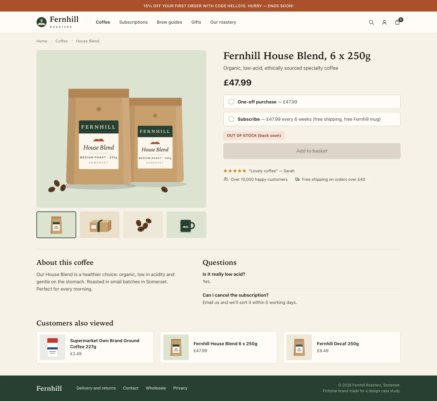 Fernhill Roasters’ mock product page, before the rewrite. A one-off purchase and a subscription, both at £47.99. An “OUT OF STOCK” label sits over a grey Add to basket button. A £2.49 supermarket coffee leads the comparison strip.