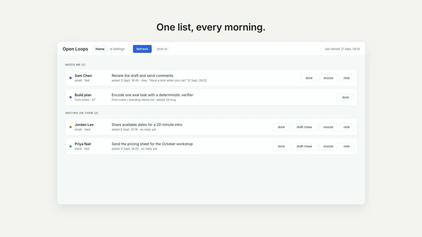 Open Loops: one list of who needs you and who you are waiting on.