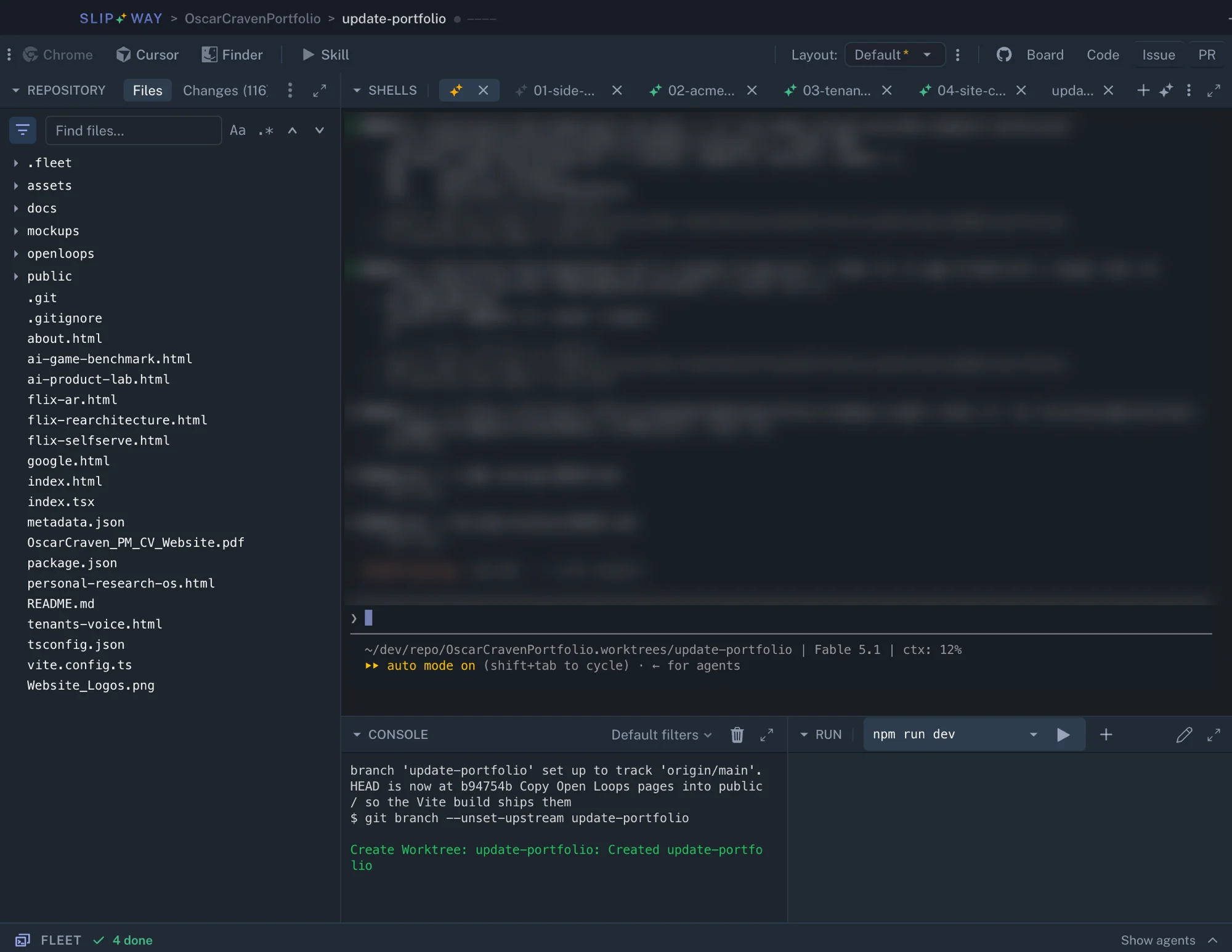 Slipway: one branch’s files on the left, its agent terminals in the middle, and a console and dev server below.