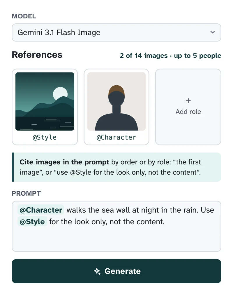 The Image form with Gemini 3.1 Flash Image picked. Beside the reference slots: 2 of 14 images, up to 5 people. Slots named @Style and @Character, and an Add role slot. Below them, a tip on citing images in the prompt, then a prompt that uses @Character and @Style.