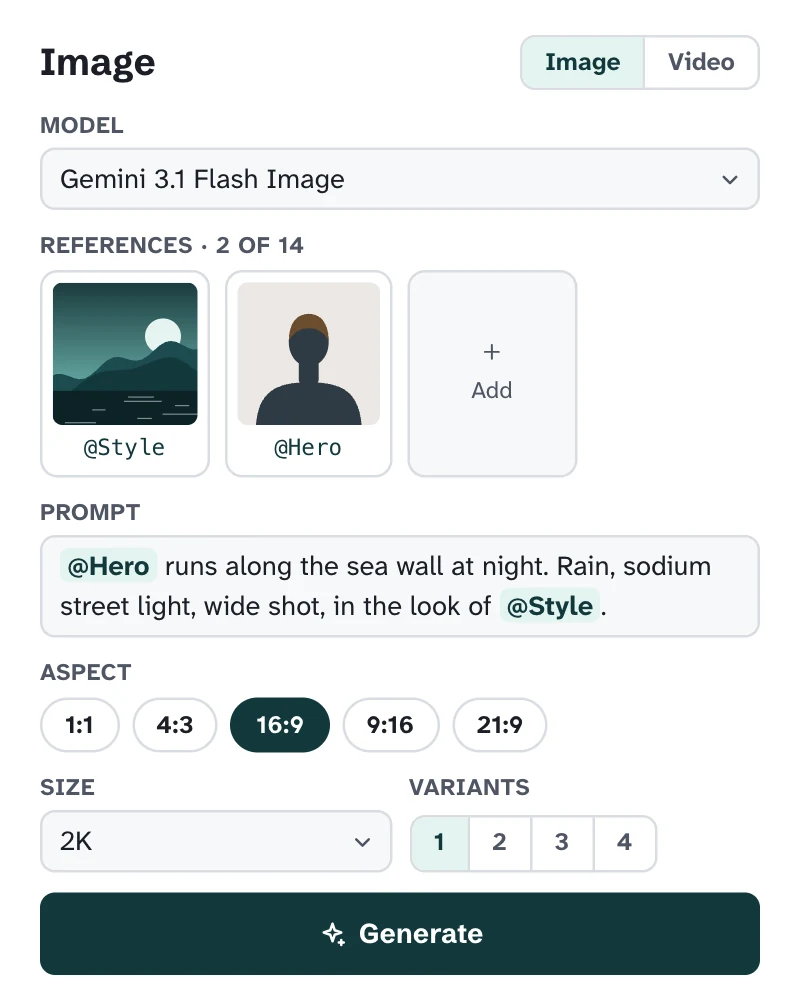 The Image form: a model menu set to Gemini 3.1 Flash Image, slots for style and character references, a prompt, and aspect buttons with 16:9 picked.
