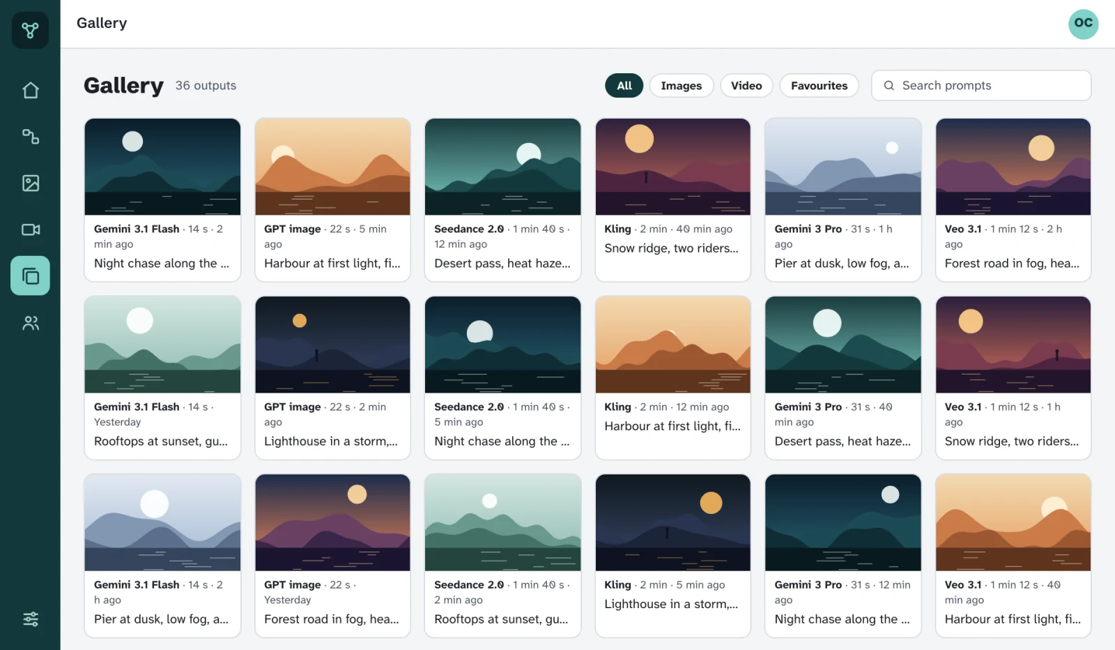 The Gallery: outputs in a grid, each with its model, generation time, age and prompt, and filters for images, video and favourites.