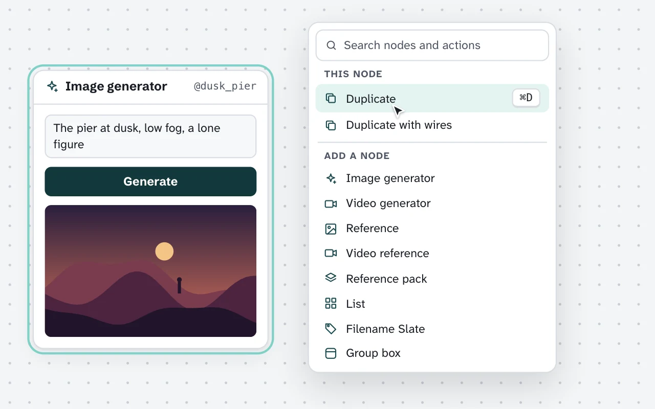 The canvas right-click menu beside a selected generator: a search box, then Duplicate and Duplicate with wires, then new nodes: Image generator, Video generator, Reference, Video reference, Reference pack, List, Filename Slate and Group box.