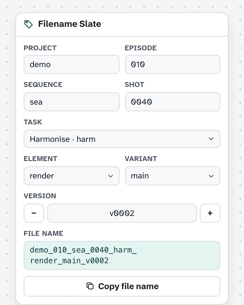 The Filename Slate: project demo, episode 010, sequence sea, shot 0040, task, element, variant and version v0002, with the file name built from them below.