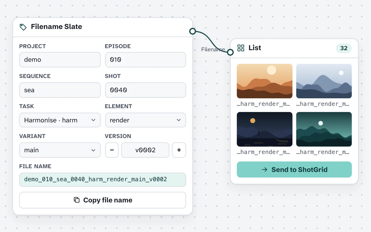 The Filename Slate turns made-up shot codes into a studio file name, and passes it to a List.