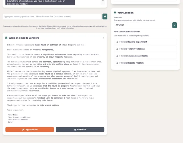 A drafted email to a landlord about mould, beside a postcode lookup for the local council.