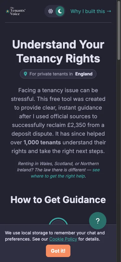 The live site on a phone: For private tenants in England, with a light and dark switch.