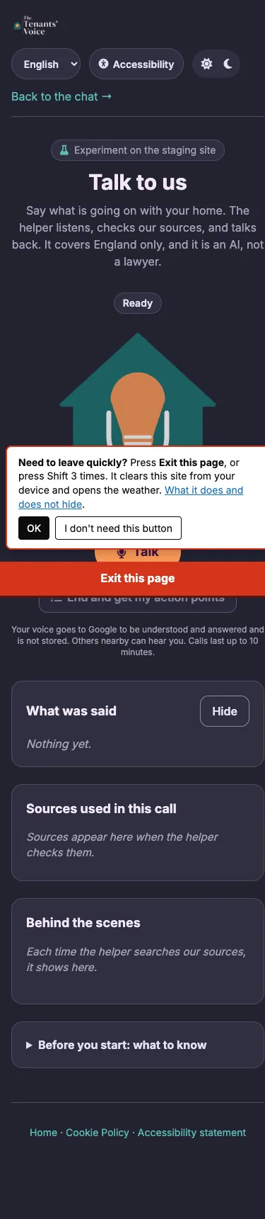 The Talk to us page on a phone, in dark mode: an Experiment on the staging site label, a house with a microphone, and the Exit this page tip.