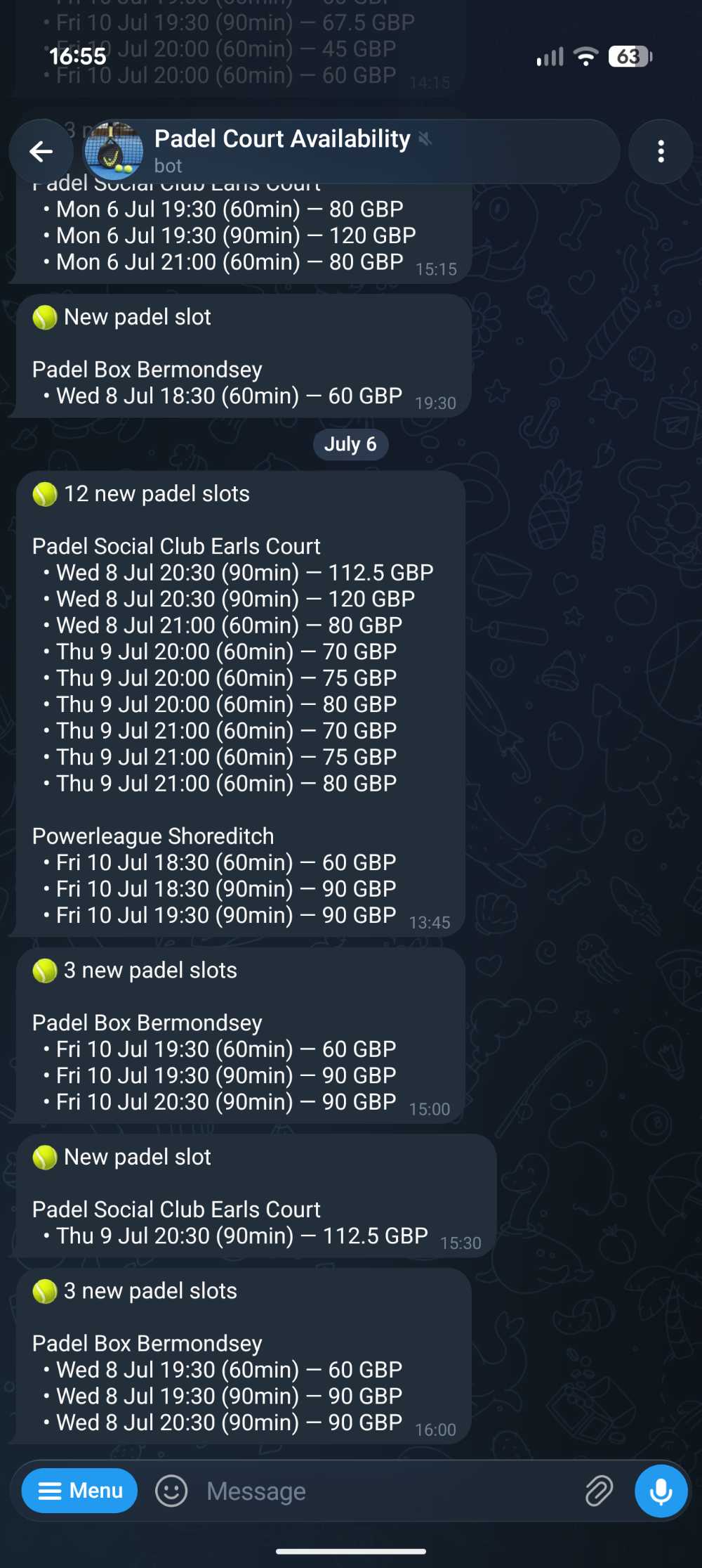 Telegram Padel Court Availability bot showing filtered padel slot alerts by venue, date, time, duration, and price.