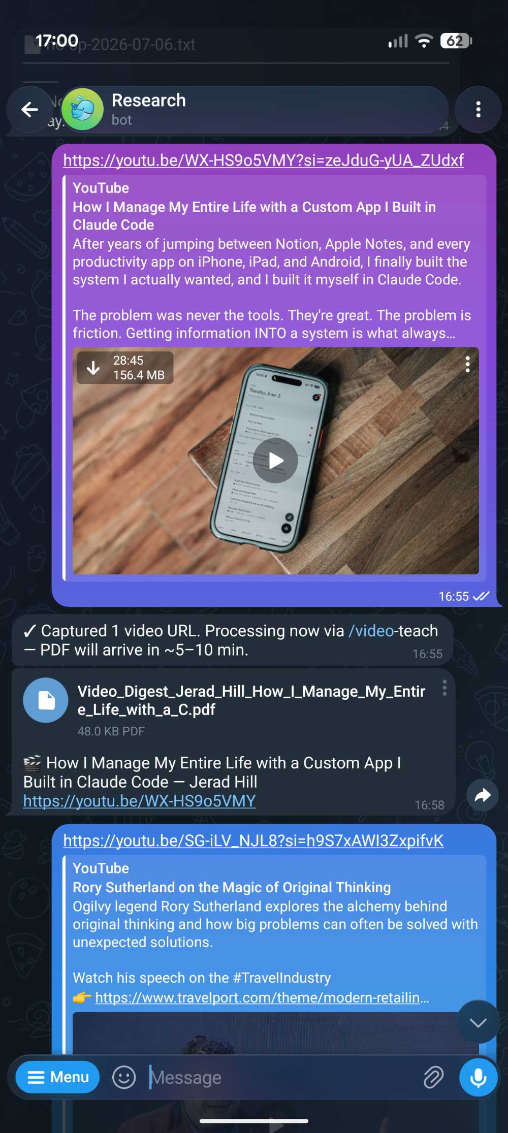 Telegram Research bot showing a YouTube URL captured, video-teach processing confirmation, and a returned PDF digest.